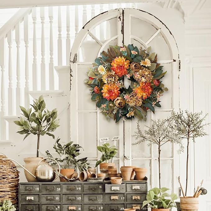 WANNA-CUL 24 Inch Spring Fall Wreaths for Front Door,Fall Wreath with Orange Hydrangea&Peony and Dahlia Flowers-Fall Decoration for Home-Large Fall Decor Door Wreath for Autumn,Harvest