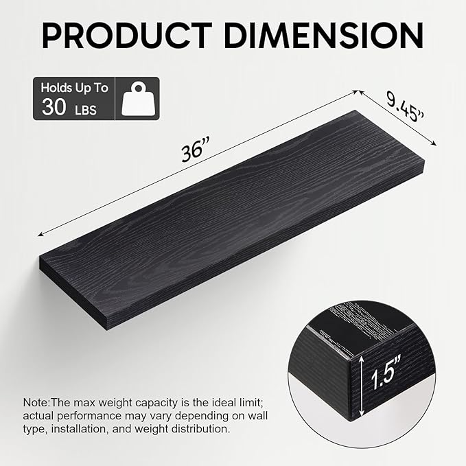 BAYKA Floating Shelves for Wall, 36 inches Long Wall Mounted Rustic Wood Shelves for Bathroom, Bedroom, Living Room, for Books/Storage/Decor with 30lbs Capacity（Black,Set of 3