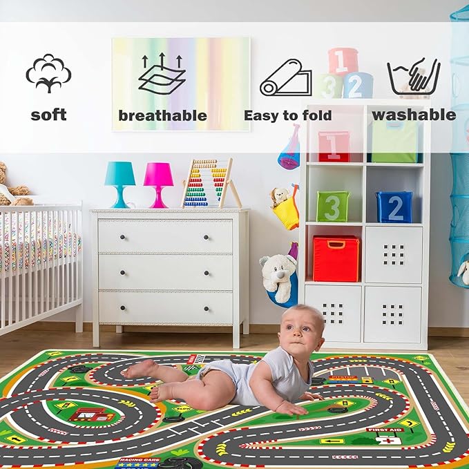 Kids Rug Play mat Playroom Rugs Car Rugs for Kids Toy Cars Race Track for Classroom Rug (Race-Green, 5.2x7.9ft)
