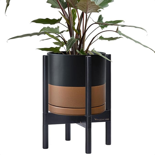 D'vine Dev Ceramic Planter with Ebony Stand - 10 Inch Modern Round Flower Pot with Wood Planter Holder, Black/Speckled Tan, 55-B-L-7