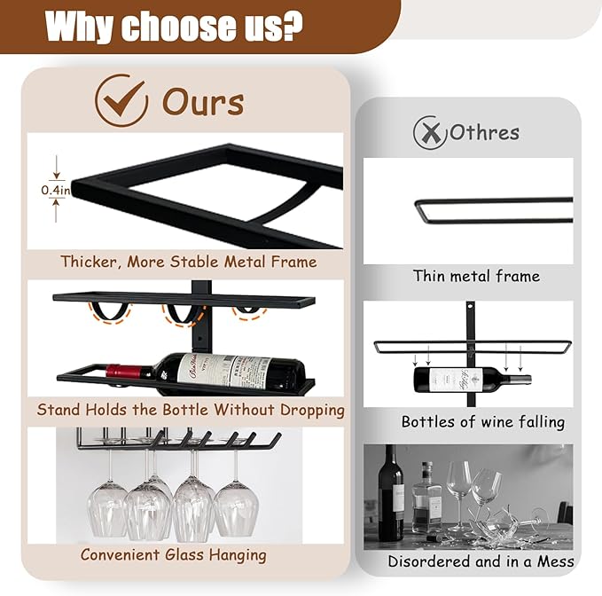 20 Bottle Wall Mount Wine Rack with Wine Glass Holder, Metal Wine Wall Rack, Wall Racks for Wine Bottles Display and Storage, Hanging Bottle Organizer for Living Dining Room Wine Cellar Bar (Black)