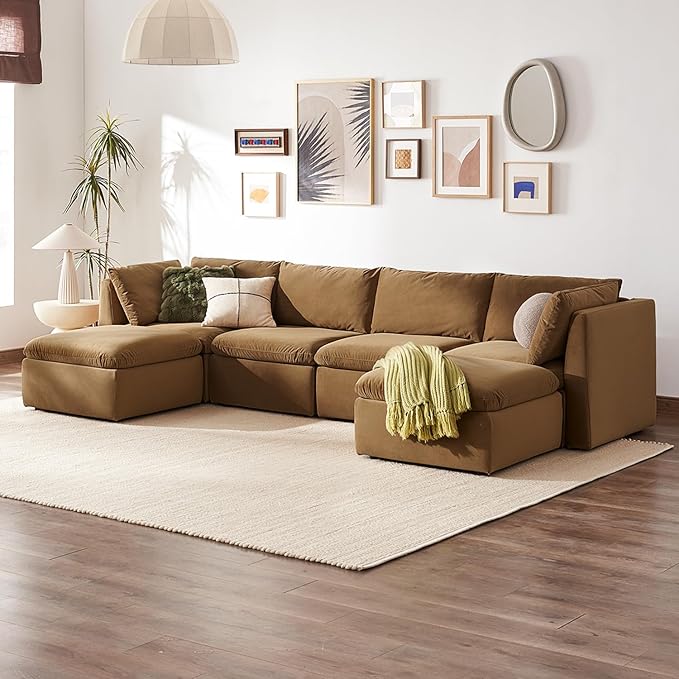mopio Oversized Modular Sectional Sofa with Fully Removable Covers and Storage, Convertible U, L-Shaped and Sleeper Sectional, Modern Couches with Ottoman Chaise (Hazelnut Velvet, 6 Seats, U)