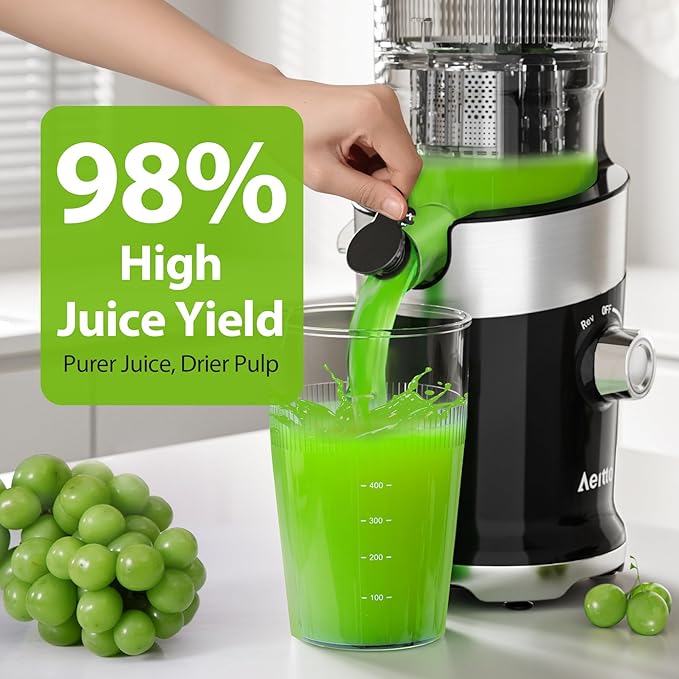 Aeitto Cold Press Juicer, Juicer Machines with 4.9" Large Feed Chute, Fits Whole Vegetables and Fruits, Professional Juice Maker, Easy to Clean, High Juice Yield, Easy to Assemble,Black