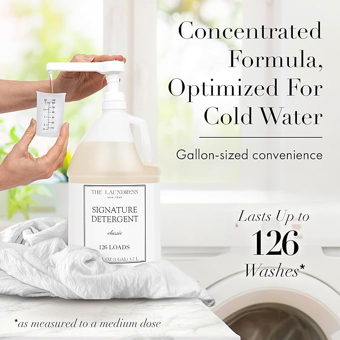 The Laundress Luxury Laundry Detergent, Gallon Pump, 126 Loads, Scented Signature Classic Fragrance, Concentrated Triple Enzyme Deep Cleaning and Targeted Stain Remover, 96% USDA Biobased Product