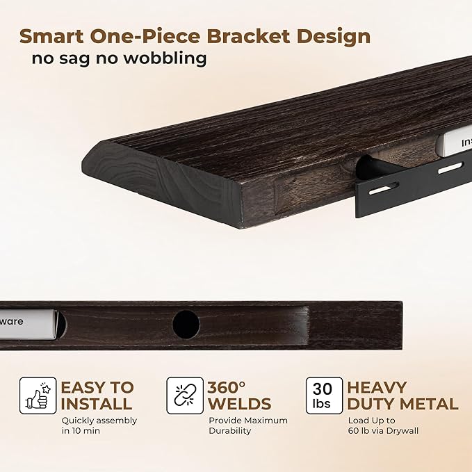 Axeman 36 inch Floating Shelves for Wall - 8'' D Live Edge Rustic Solid Elm Wood Floating Shelves Wall Mounted, Wall Shelves with Invisible Bracket for Living Room Bedroom Kitchen, Set of 2 Walnut
