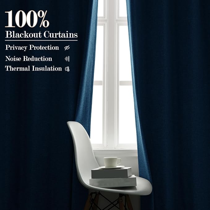 70" W x 108" L Faux Linen Room Divider Curtains, Full Blackout Pinch Pleated Drapes for Traverse Rod, Bedroom Divider Privacy Drapery with Hooks for Ceiling Track, 1 Panel, Blue