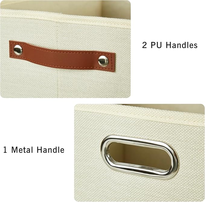 3-Pack Foldable Fabric Storage Bins with Durable PU & Metal Handles , Collapsible Storage Baskets for Shelves, Home Storage, Closet Organizers, Living Room(17"x11.8"x11.8", Beige)