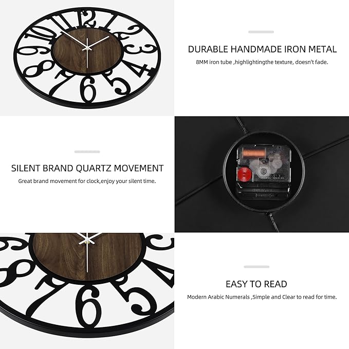 Maxstar Round Wall Clock for Living Room Decor Battery Operated Non Ticking Black Metal Wood Clocks for Home Living Room Garden Office Kitchen Decoration -16 inch