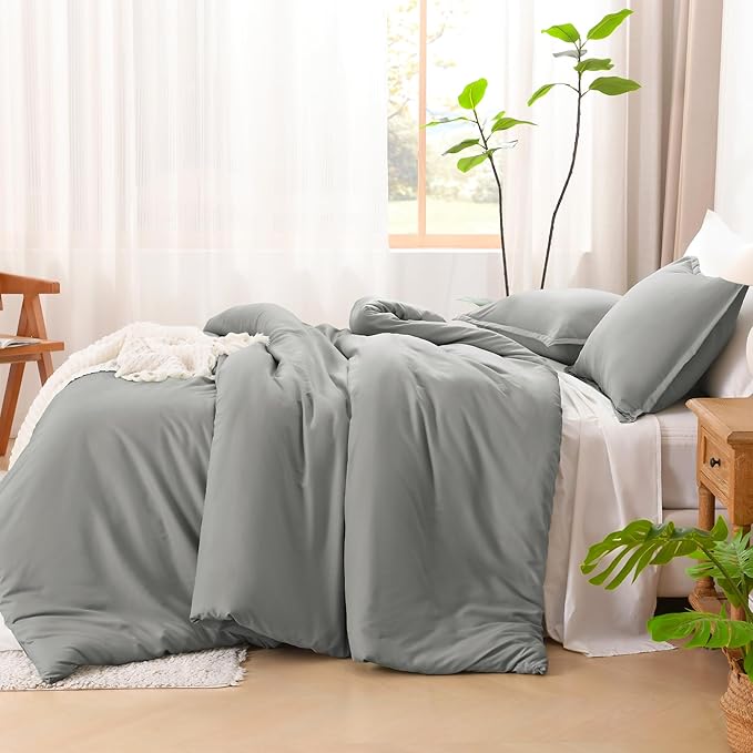 Litanika Comforters Medium Gray Super King Plus Size, 3 Pieces Lightweight Solid Bedding Set & Collections, All Season Fluffy Bed Set (128x120In Comforter & 2 Pillowcases)