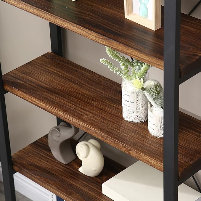 Solid Wood Bookshelf, 4-Tier Rustic Vintage Industrial Etagere Bookcase, Open Metal & Wood Vintage Book Shelf, Retro Brown