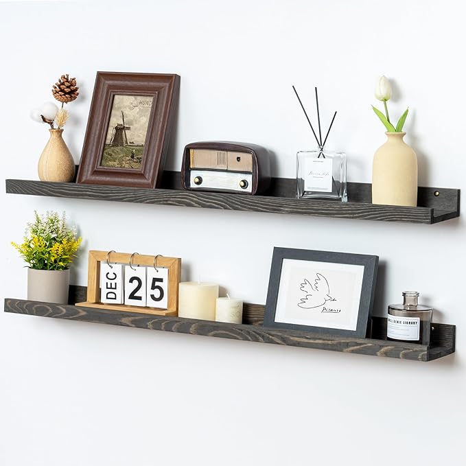 36 Inches Floating Shelves for Wall, Solid Pine Wood Picture Ledge Shelves, Wall Shelves with Lips, Nursery Book Shelves for Toys Storage Living Room Bedroom Photo Frames (2 Pcs, Grey)