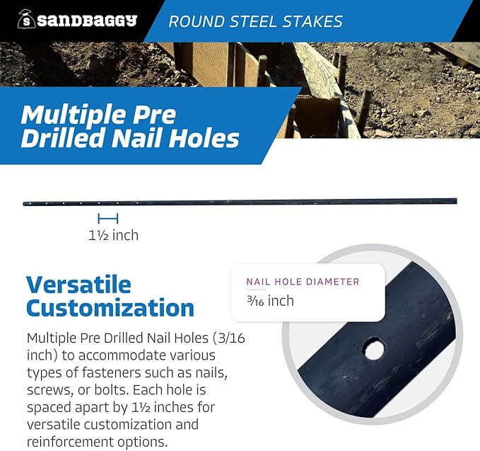 Sandbaggy Round Steel Concrete Form Stakes with Nail Holes - Rust Resistant Coating - Removable, Reusable (10, 3/4 in X 60 in)