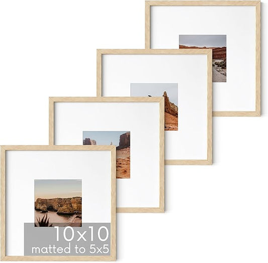 HAUS AND HUES Solid Oak Wood 10”x10”Picture Frames Matted to 5”x5” Set of 4-10x10 Photo Frame Set, Modern 10x10 Picture Frames with Mat, Square Photo Gallery Wall Frame Set (Beige Oak Frames)