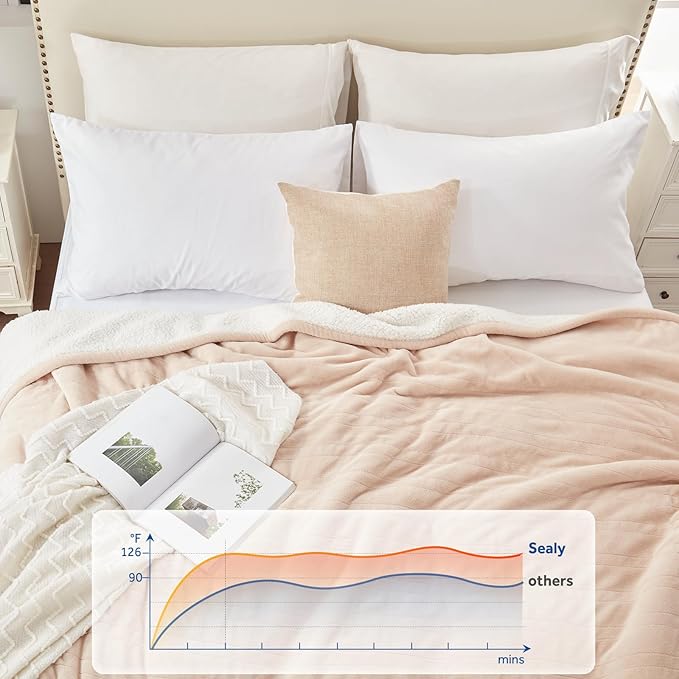 Sealy Electric Blanket Queen 84"*90",Super Cozy Flannel to Sherpa Reversible Heated Blanket Queen Size with 10 Heating Levels & 1-12 Hours Auto Off Overheating Protection Machine Washable,Beige