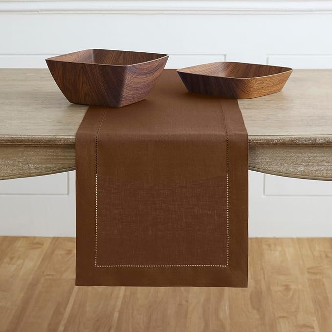 Solino Home Linen Brown Table Runner 36 Inches - Classic Hemstitch, 100% Pure Linen Coffee Table Runner 14 x 36 Inch Ideal for Dresser Tables, Fall, Autumn, Thanksgiving