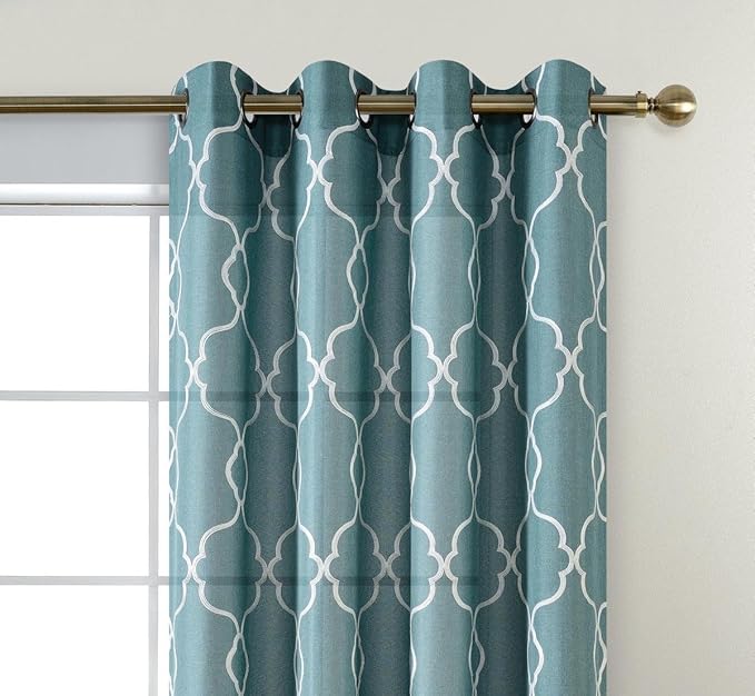 MIUCO Moroccan Embroidered Semi-Sheer Curtains Faux Linen Grommet Curtains for Living Room 52 x 84 Inch 2 Panels Set, Teal