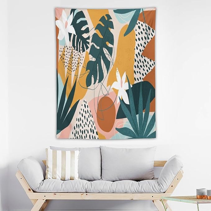 Abstract Bohemian Mid Century Tapestry, Tropical Leaves Modern Geometric Archway Minimalist Bohemian Botanical Aesthetic Wall Hanging, Sage Green Gold Home Decor Art for Bedroom 30x40 Inch