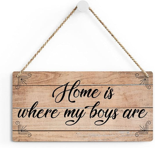 SENJIAN Rustic Family Quote Wood Decor Sign, Home is Where My Boys are Printed Wood Sign Wall Art, Hanging Door Sign, Decorative Wood Sign Home Decor 6" x 12"