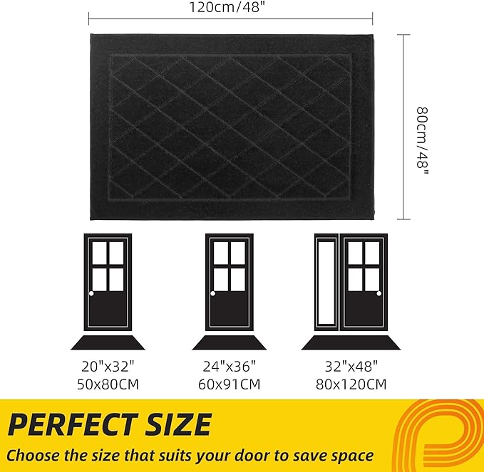 JSEI Dirt Trapper Door Mat 32"x48", Non-Slip Washable Entryway Mats, Dog Door Mat, Stain Resistant and Absorbent Floor Mats, Low Profile Welcome Mat for Front Back Door, Black