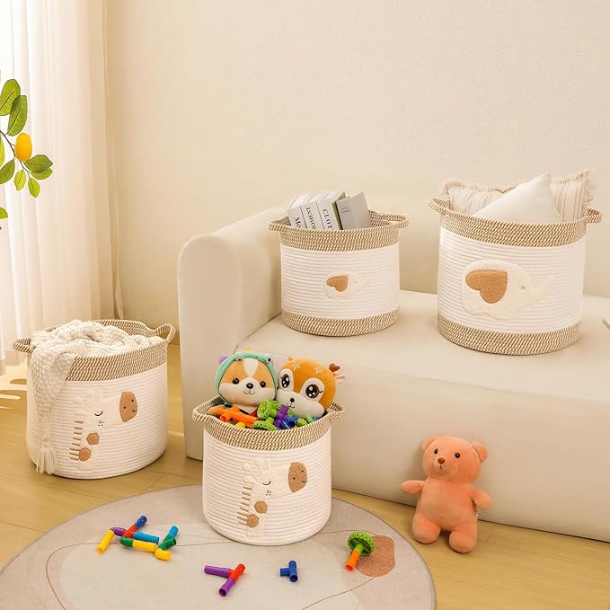 Large Blanket Baskets for Living Room Decor, Toy Storage Baskets Woven Cotton Rope Storage Basket for Kids, Dog Toys Organizer Clothes Hamper with Embroidery Decor for NurseryLaundry (Large, Elephant)
