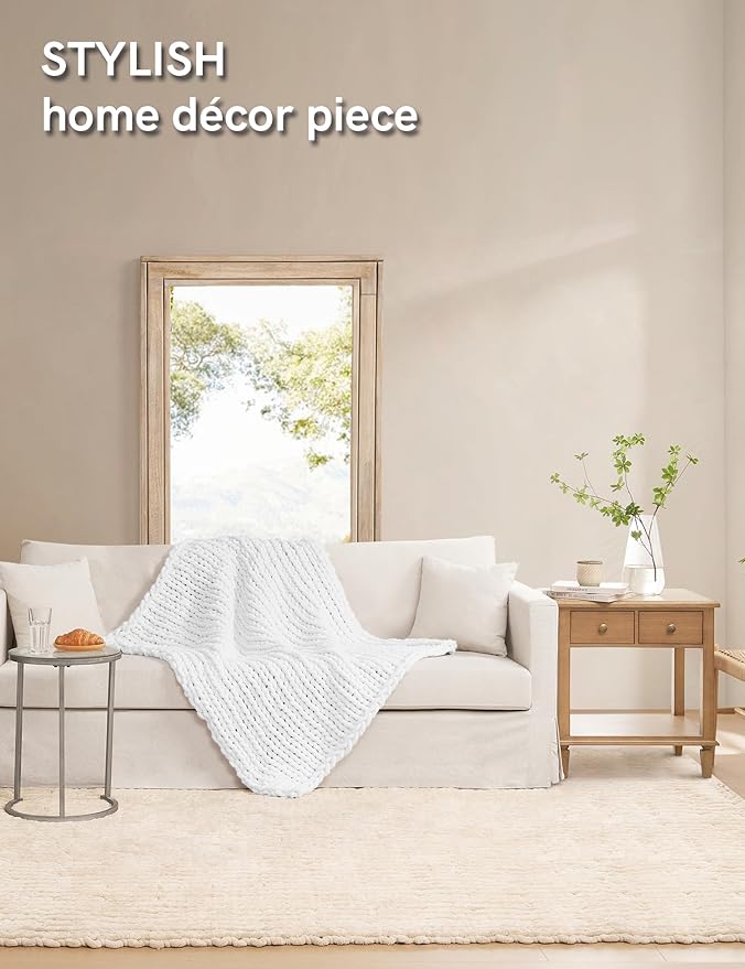 YnM Chunky Throw Blanket, Medium-Weight, Hand Knitted with Chenielle Yarn, Skin Friendly, Ventilated and Breathable, Machine Washable, Home Décor Piece for Couch, Sofa and Bed (White, 80x87 Inch)