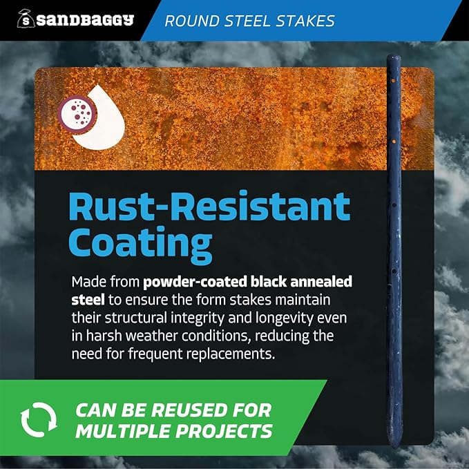 Sandbaggy Round Steel Concrete Form Stakes with Nail Holes - Rust Resistant Coating - Removable, Reusable (5, 3/4 in X 18 in)