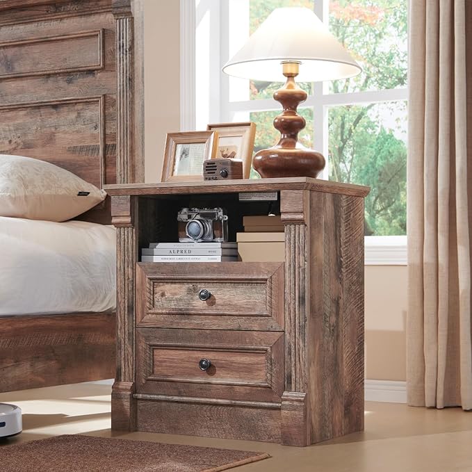 26" Tall Farmhouse Nightstand, 2 Drawers End Table w/Charging Station, 23.6" Wide Large Side Table w/Roman Column, Wood Rustic Sofa Table w/Open Shelf, Bedside Table for Bedroom, Light Brown