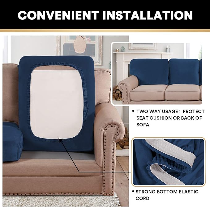 PrinceDeco Velvet Couch Cushion Cover Stretch Cushion Slipcover for Chair Loveseat Sofa Furniture Protector Seat Cushion Sofa Cover (Each Width Up to 29.5", Navy)