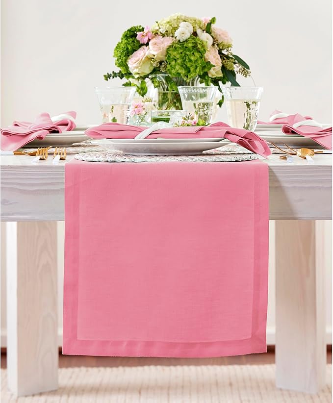 Solino Home Linen Pink Carnation Table Runner 60 Inches - 100% Pure Linen Short Table Runner 14 x 60 Inch Ideal for Dresser and Coffee Tables - Halloween - Fete