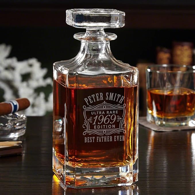 Personalized Whiskey Decanter Set with 4 Square Rocks Glasses - Gift Box Available