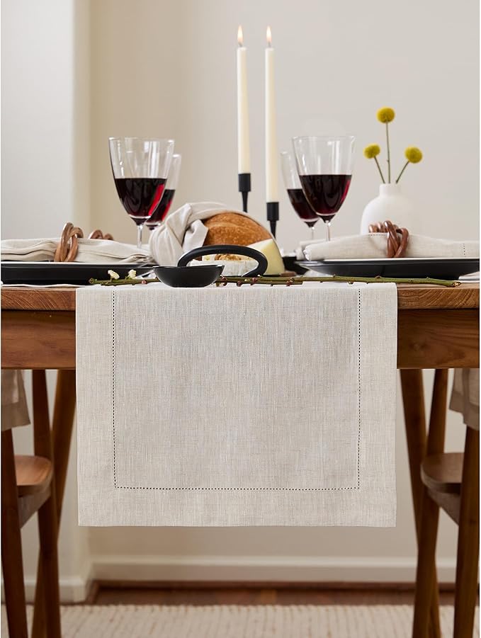 Solino Home Linen Table Runner 90 Inches Long - 100% Pure Linen Light Natural Table Runner 14 x 90 Inch for Fall, Autumn, Thanksgiving - Classic Hemstitch