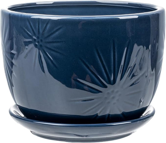 MyGift 7 Inch Round Blue Ceramic Plant Pot with Drainage Hole and Attached Saucer, Modern Decorative Embossed Sunburst Planter Container for Indoor Home Garden