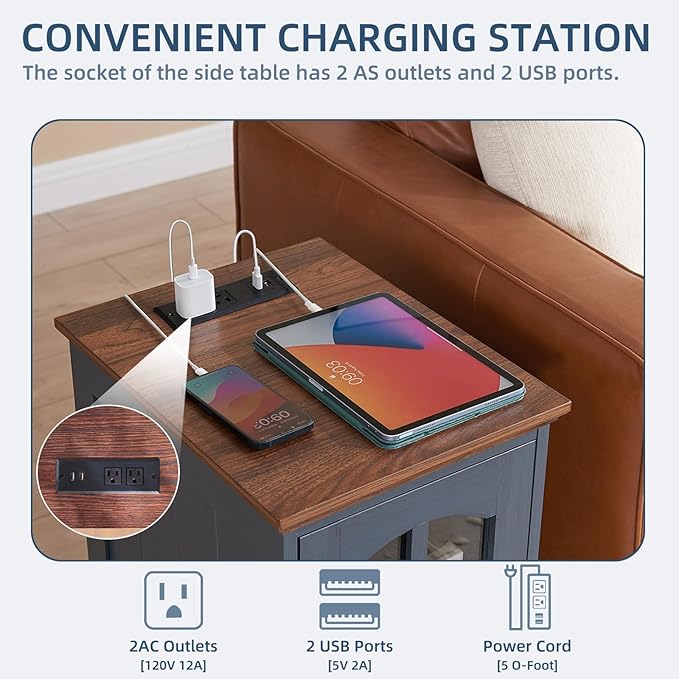 Narrow Side Table,Farmhouse Nightstand with Charging Station,Wood End Table with Glass Barn Door Storage, Cabinet Organizer with Adjustable Shelf, Night Stand for Small Spaces for Living Room Bedroom