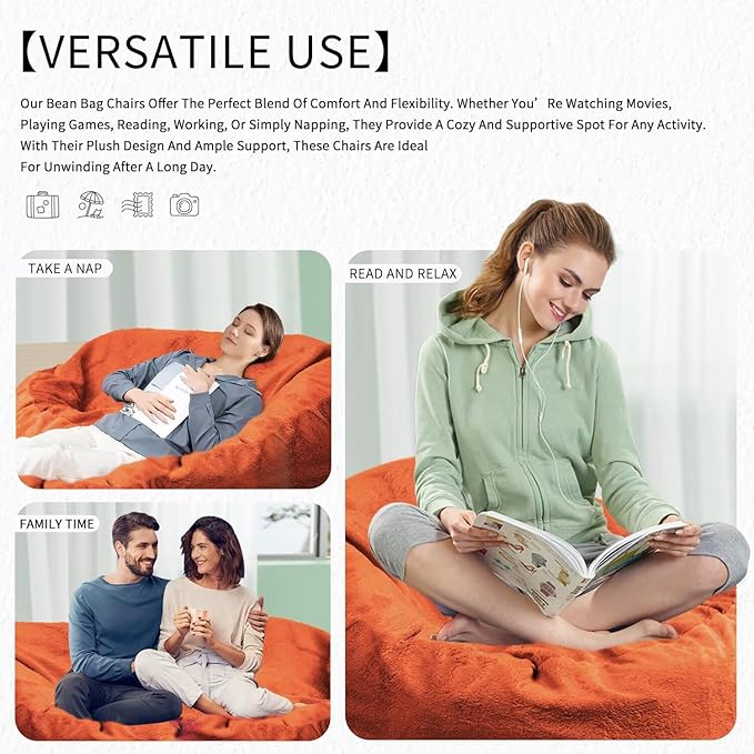 Bean Bag Chair for Adults 6FT,Soft Removable Cover for Teens/Girls Bedroom,Fluffy Giant Round Floor Beanbag Lounger Chairs (No Filler,Orange)