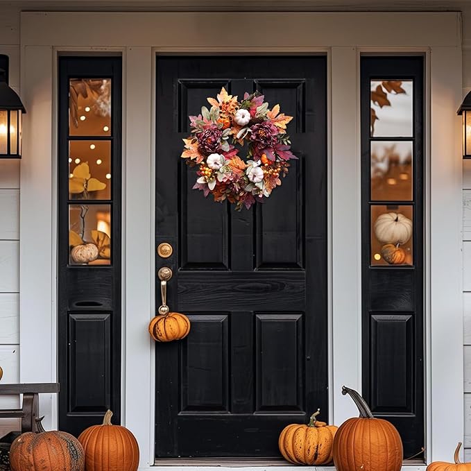 20Inch Fall Wreaths for Front Door,Fall Wreath,Fall Decorations for Home,Autumn Wreaths with White Pumpkins Peony Pine Cones, Fall Door Wreath for Thanksgiving Halloween Indoor Outdoor Decor