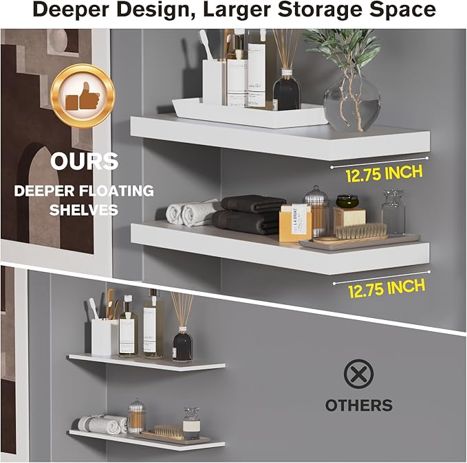 Large Floating Shelves for Wall Set of 3 Wooden Wall Shelves 24 in x 12.75 in x 2 in Room Decor Long Shelf with Invisible Wall Mount Bracket for Bedroom Kitchen Living Room White