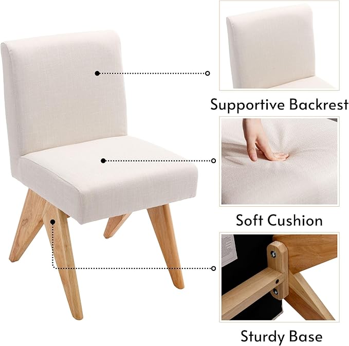 Mid Century Modern Farmhouse Dining Chairs Set of 4, Upholstered Armless Kitchen Chairs with Back and Wooden Legs, Linen Beige