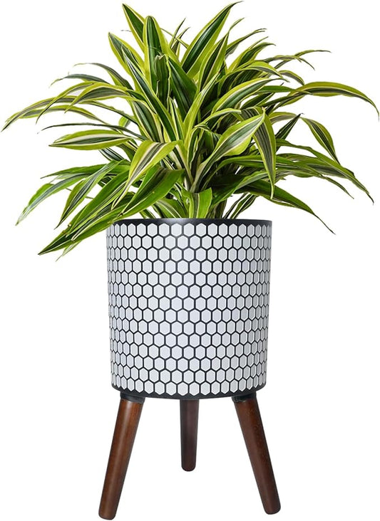 Flower Pot with Legs Tall Flower Pot with Drainage Holes for Indoor and Outdoor Decorative Planting (White Black Honeycomb, 12 Inches)