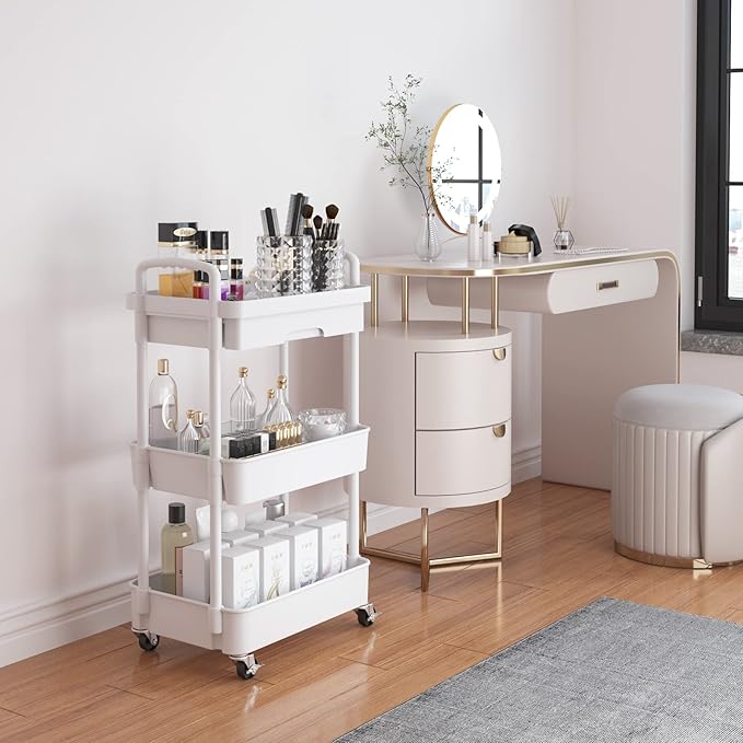 Calmootey 3-Tier Rolling Utility Cart with Drawer,Multifunctional Storage Organizer with Plastic Shelf & Metal Wheels,Storage Cart for Kitchen,Bathroom,Living Room,Office,White