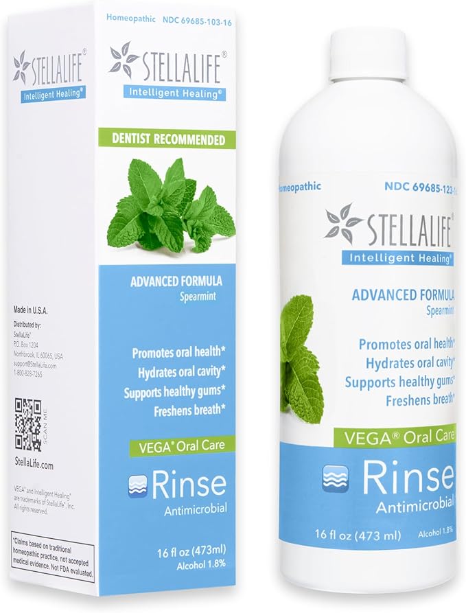 StellaLife Oral Rinse: Dry Mouth Mouthwash, Natural Daily Dental Hygiene for Healthy Gums, Fresh Breath, Sugar Free, Propolis, Xylitol, Advanced Healing After Dental Procedures (16 fl oz, Spearmint)