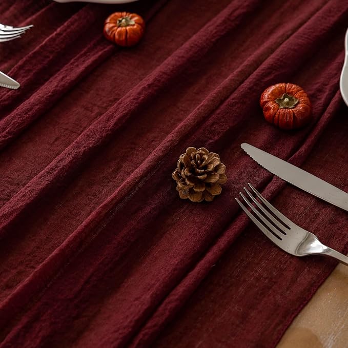 Burgundy Table Runner Red Cheesecloth Gauze 120 Inch 10 FT Rustic Boho Cheese Cloth Runner for Wedding Baby Shower Bridal Shower Birthday Party Long Sheer Home Decorations