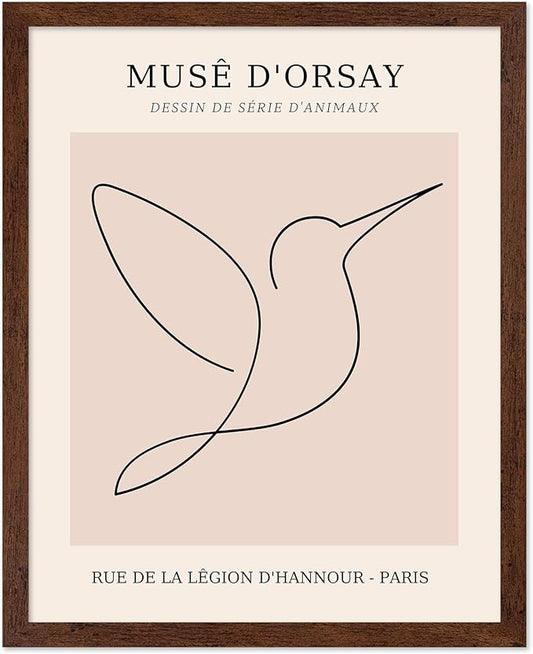 Poster Master Vintage Poster - Retro One Line Hummingbird Drawing Print - Bird Line Art - Minimal Gift for Him, Her, Animal Lover - Abstract Decor for Home, Office, 8x10 Brown Framed