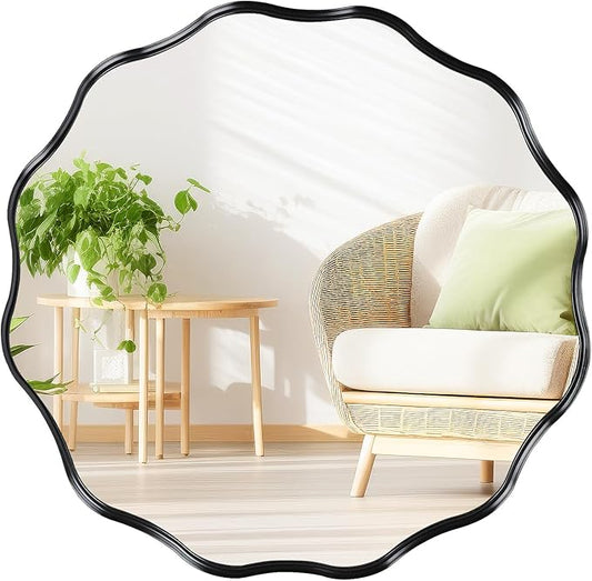 Fabuady Black Round Wavy Edge Mirror - 20'' Circle Wall Mirror with Metal Frame, Decorative Hanging/Leaning Mirrors for Bathroom, Bedroom, Living Room, Hallway, Entryway, Office, Home Decor