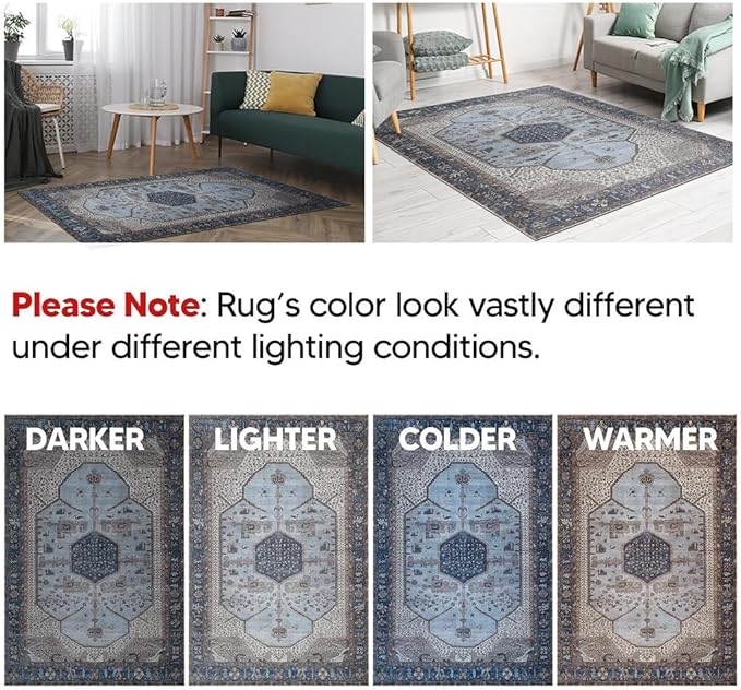 Keen Home Design 8x10 Rug - Machine Washable Area Rug with Non-Slip Backing, Ideal for Living Room, Dining Room, Bedroom - Vintage, Easy Clean, Durable, Low Pile Rug - (8' x 10')