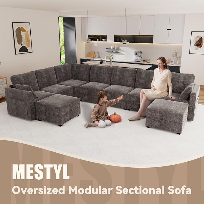 mestyl Modular Sectional Sofa Convertible L Shaped Sofa Couch Set with Storage for Living Room, Modern 3 Seater Modular Sectional Couch with Movable Ottoman (Grey)