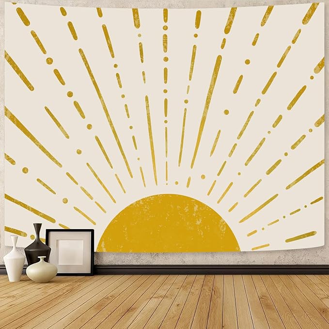 Kanuyee Gold Boho Burning Sun Tapestry Wall Hanging, Retro 70s Abstract Vintage Geometric Line Sunrise Tapestries for Bedroom Living Room Backdrop 60×80 inch