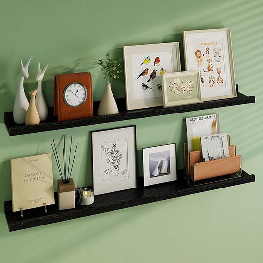 Floating Picture Ledge Shelves 48 Inch Solid Oak Wood Set of 2, Rustic Wall Storage Shelves with Lip, Kids Bookshelf, Photo & Picture Ledge Shelves for Bedroom, Living Room, Kitchen