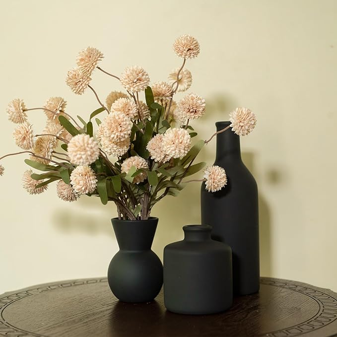 Fake Flowers in Vase for Centerpieces, Faux Flowers in Modern Ceramic Vase Set of 3 with 8 Artificial Autumn Chrysanthemums Home Decor
