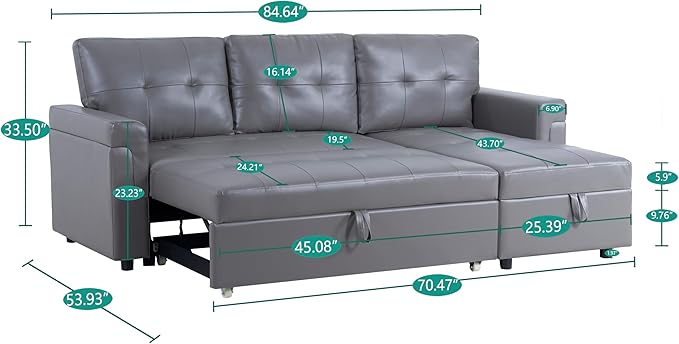 Naomi Home L-Shaped Reversible Sectional Sofa with Pull-Out Sleeper Bed and Storage Chaise, Gray Air Leather