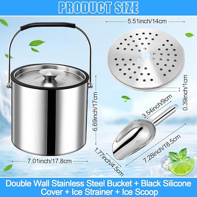 meekoo 3 L Double Wall Insulated Stainless Steel Ice Bucket with Lid, Scoop, Strainer, Handle Large Wine Ice Bucket Upgraded Cover Keep Frozen Longer for Cocktail Bar Parties(Silver)